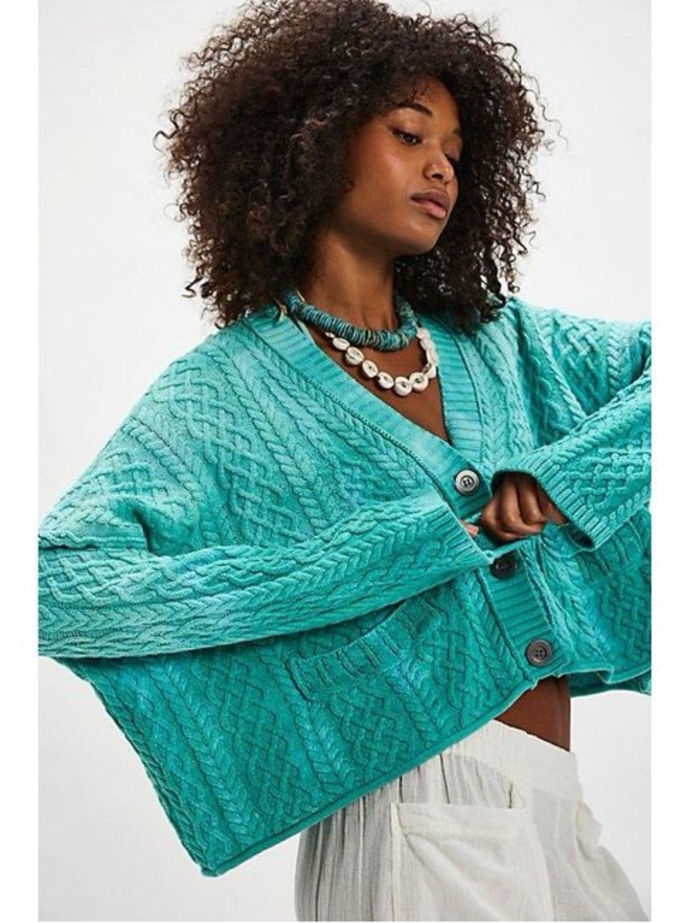 NWOT Free People Washed Ashore Cable Knit Cardi - Teal XSMALL